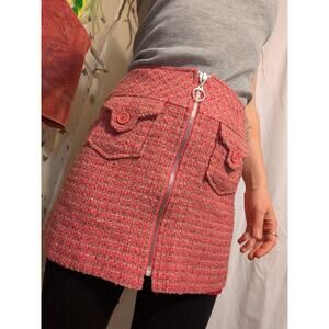 VTG Y2K IDEOLOGY Pink Tweed Mini Skirt With Pockets and Front Zipper Sz 8